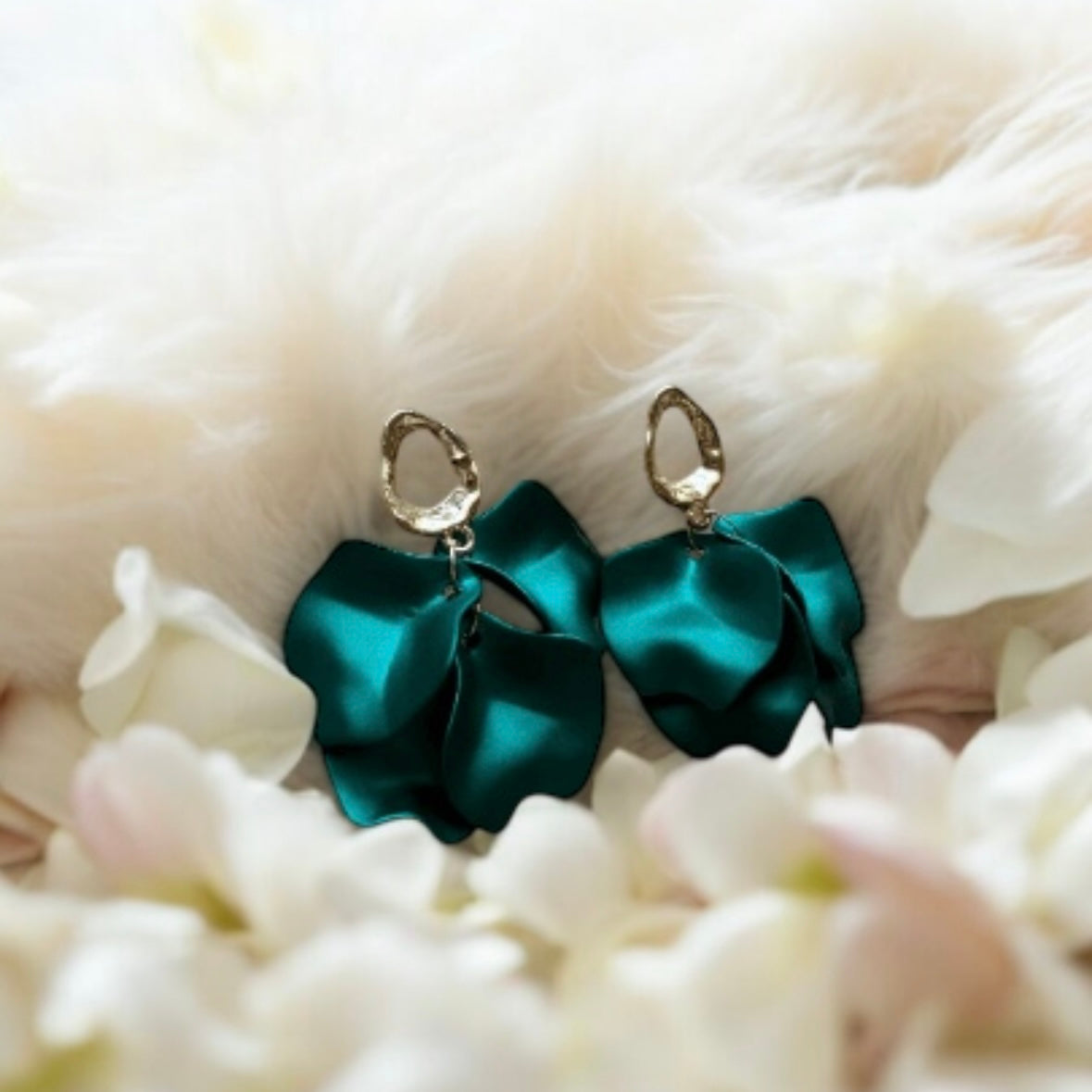 Emerald green iridescent flower earrings |dangly earrings | frosted petals hoop statement earrings | unique gold geometric floral earrings