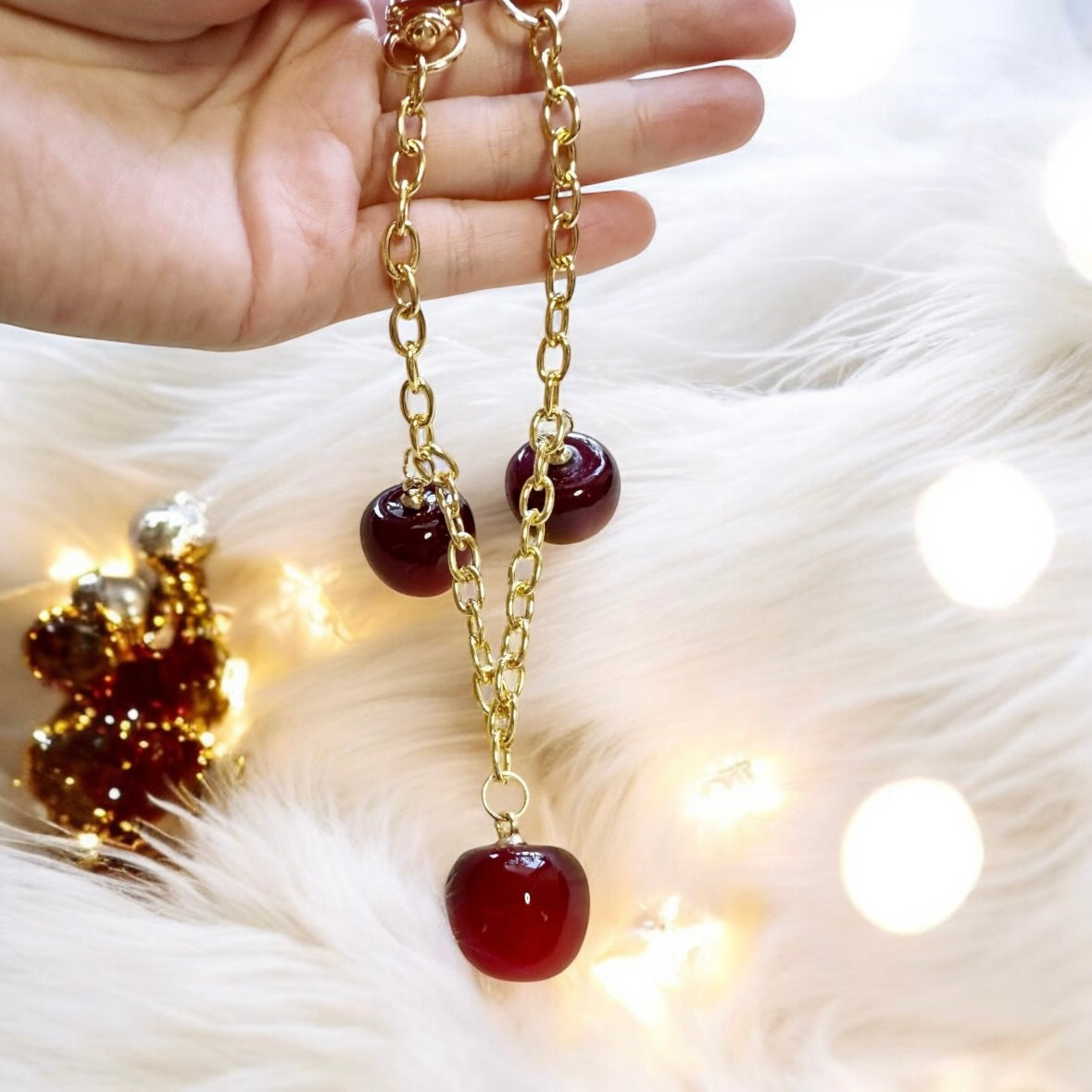 Cherry bag charm | key chain | golden chain with heart bucket | y2k chain | bag lover gift