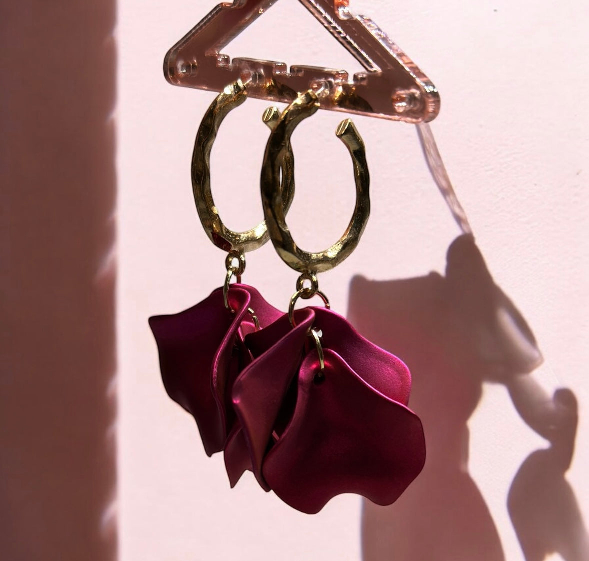 Fuchsia pink flower earrings | dangly earrings | golden geometric floral bridal party earrings