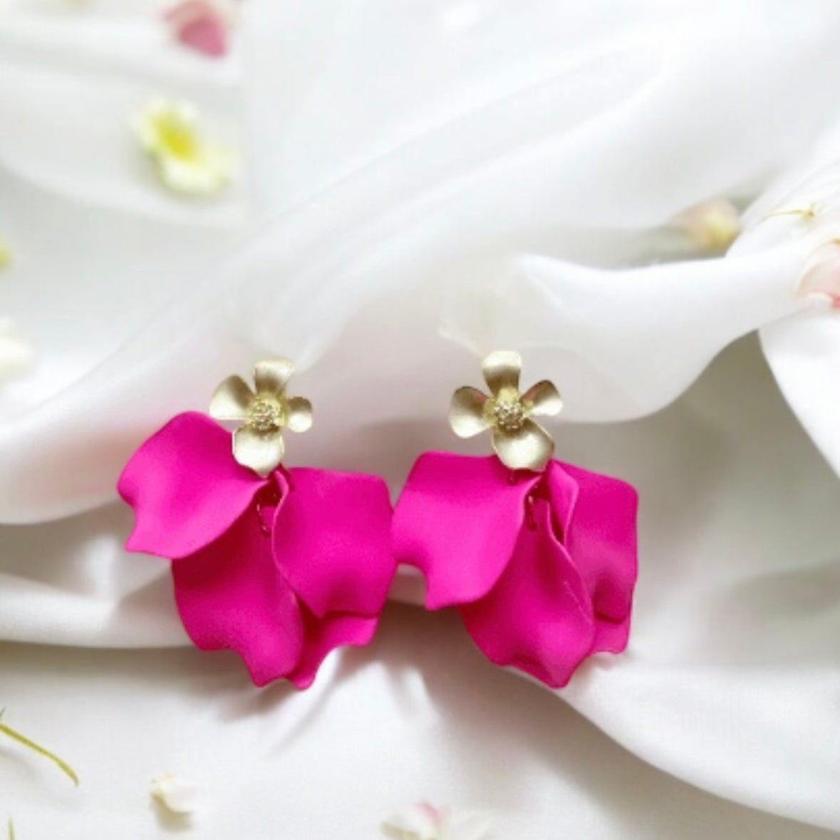 Hot pink flower earrings | dangle petals glitter earrings | unique gold geometric floral earrings | bridal party wedding earrings