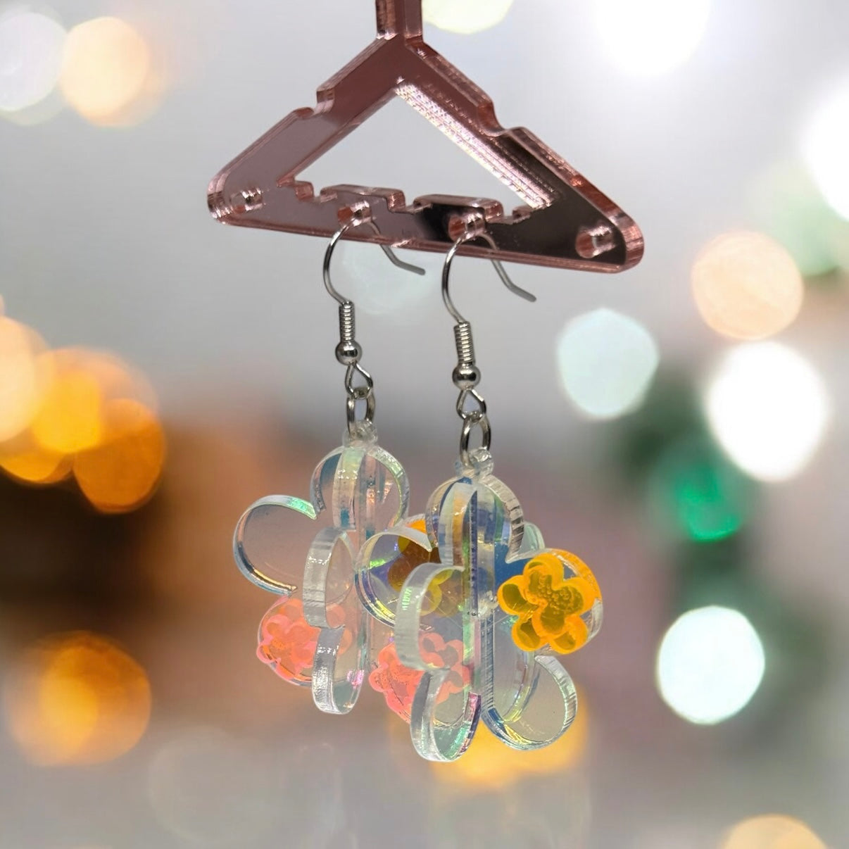 3D flower earrings | fun floral earrings | colourful clear iridescent dangle oversize earrings | hologram fun earrings