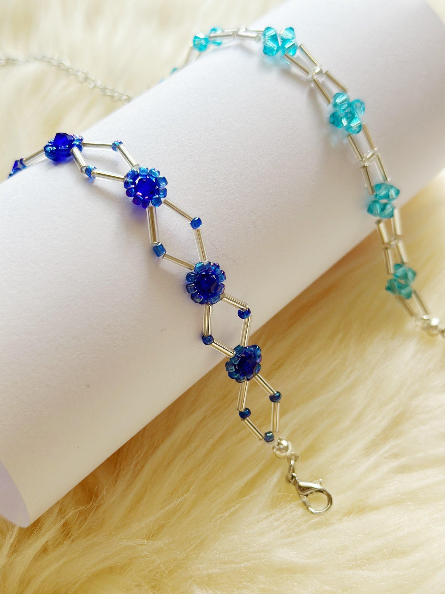 Silver & Blue Beaded bracelet with daisy pattern | silver colour chain | shinny decor bracelet |