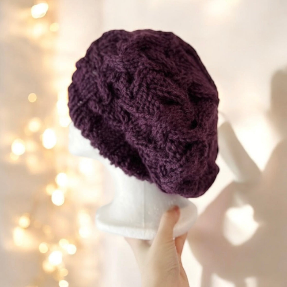 Handknit Cable Slouchy Beanie | Knit Beret | Slouchy Hat in berry wine purple | Knit beanie fluffy wool cozy winter hat