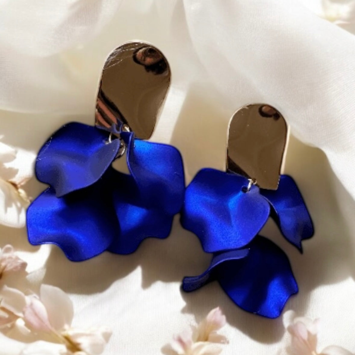 Royal blue flower earrings | iridescent petals dangle earrings | unique golden spiral floral earrings | bridal party wedding earrings Inactive