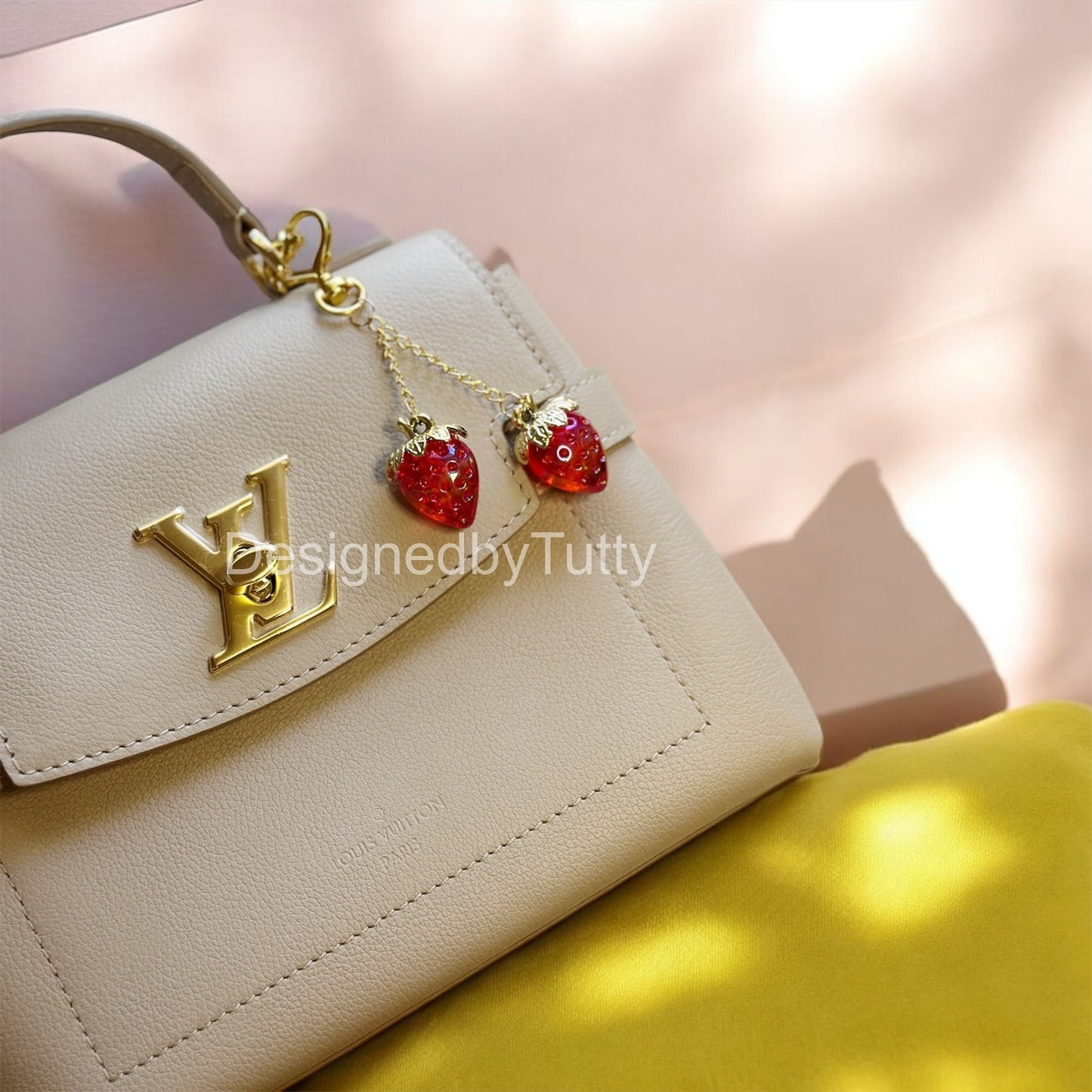 Strawberry bag charm | key chain | golden chain with heart bucket | y2k chain | bag lover gift