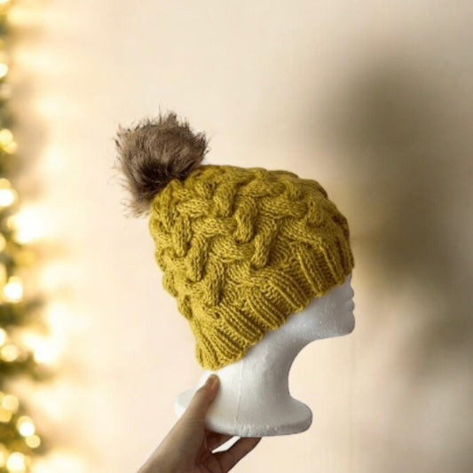 Handknit Cable Brim Beanie | Knit Beret | Slouchy Hat in mustard | Knit beanie in yellow | Fluffy cozy fur pom pom winter hat