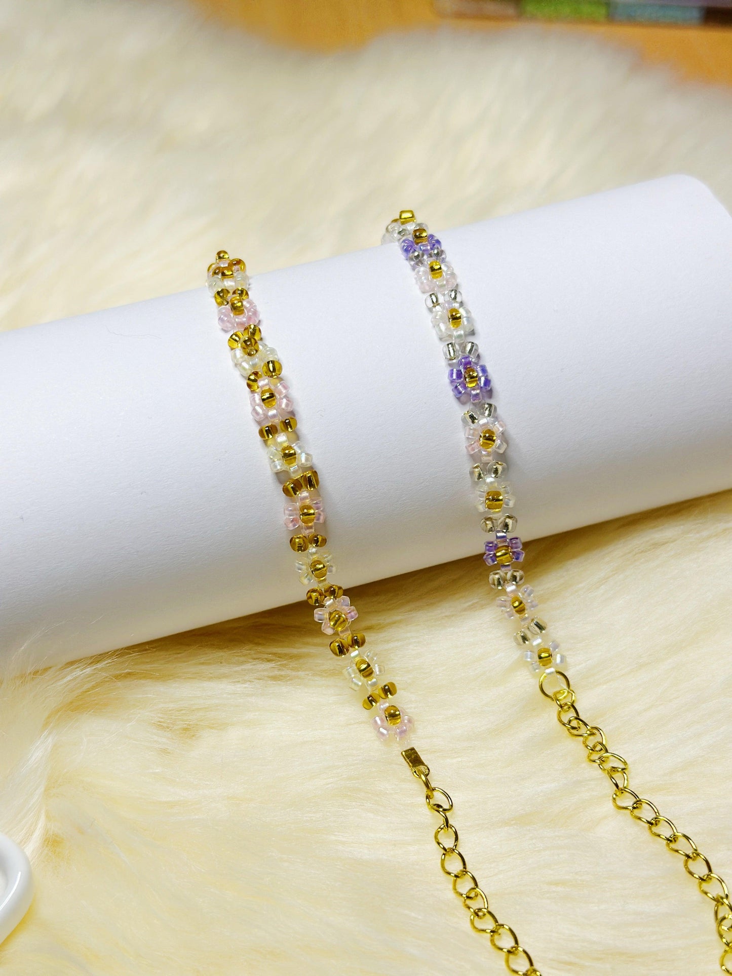 Pink or Purple Beaded bracelet with daisy pattern | golden colour chain | shinny decor bracelet |