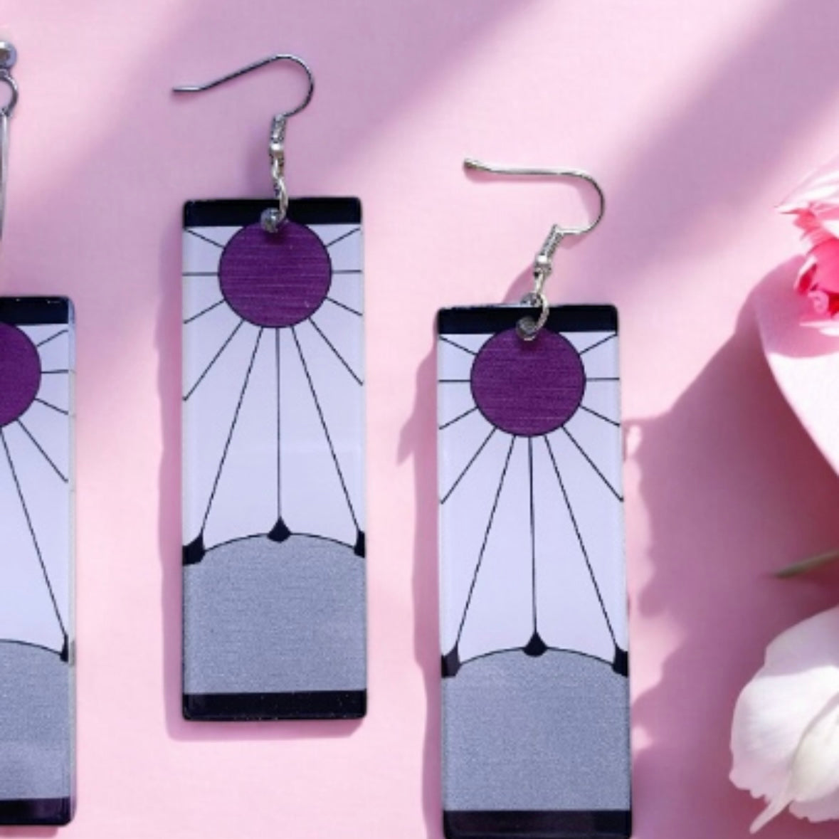 Silver rectangle shaped earrings with sun ray| japanese anime dangle earrings | oriental decor drop earrings| cute kawaii | demon slayer