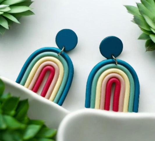 Pastel red or blue Rainbow U shaped earrings | boho style earrings | funky pop art earrings | acrylic art earrings