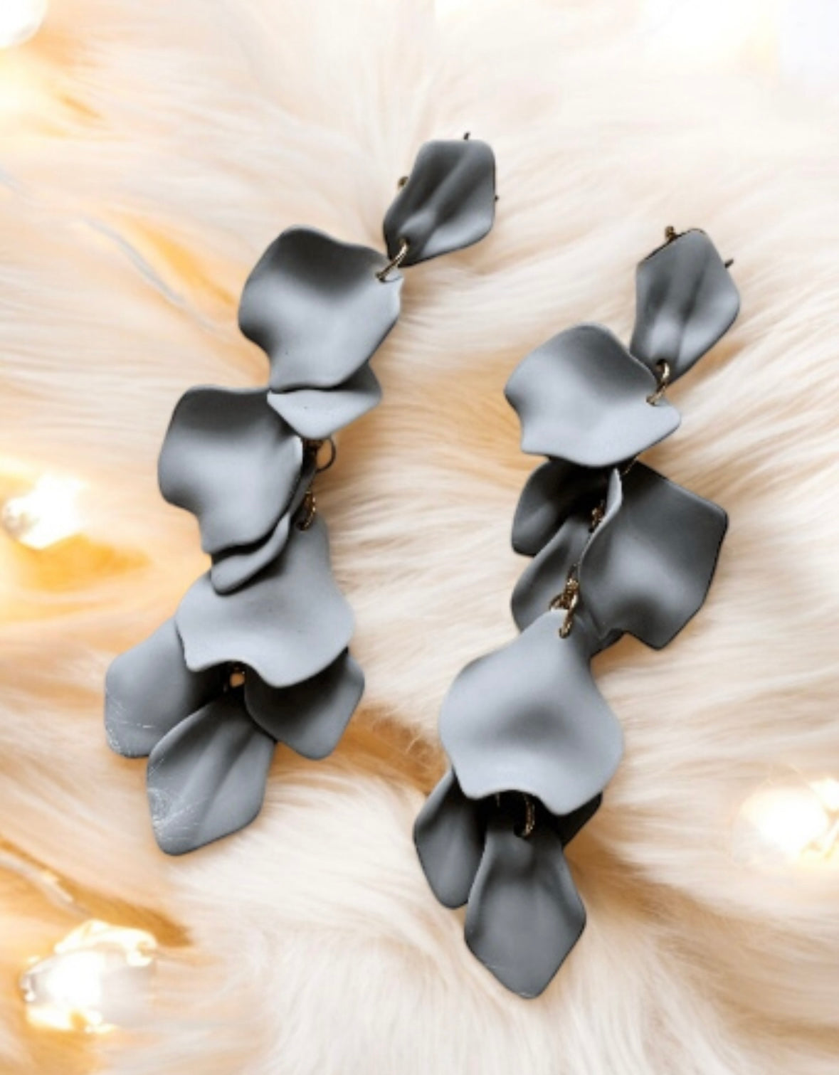 Grey matte flower earrings | dangle petals statement earrings | unique golden bar floral earrings | bridal party wedding earrings