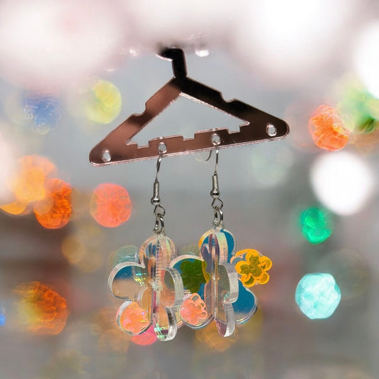 3D flower earrings | fun floral earrings | colourful clear iridescent dangle oversize earrings | hologram fun earrings