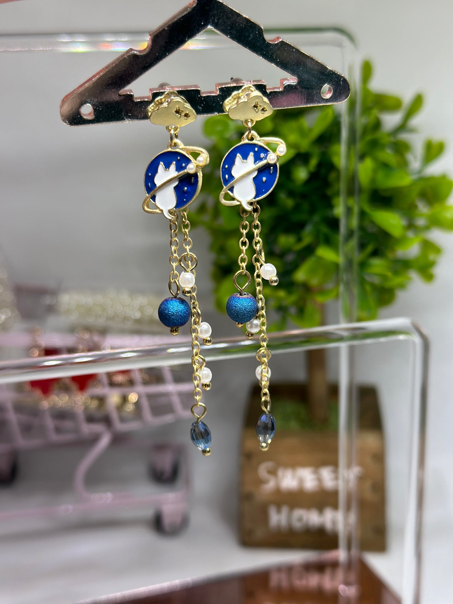 Celestial statement earrings | Blue cat planets earrings