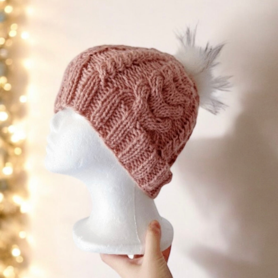 Handknit Cable Brim Beanie | Knit Beret | Slouchy Hat in nude pink | Knit beanie in pinkish beige | Fluffy cozy fur pom pom winter hat