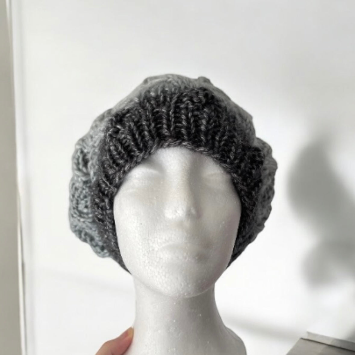 Handknit Cable Beanie | Knit Beret | Slouchy Hat in ombre grey and black | Knit beanie in monochrome tonal | Fluffy and cozy winter hat