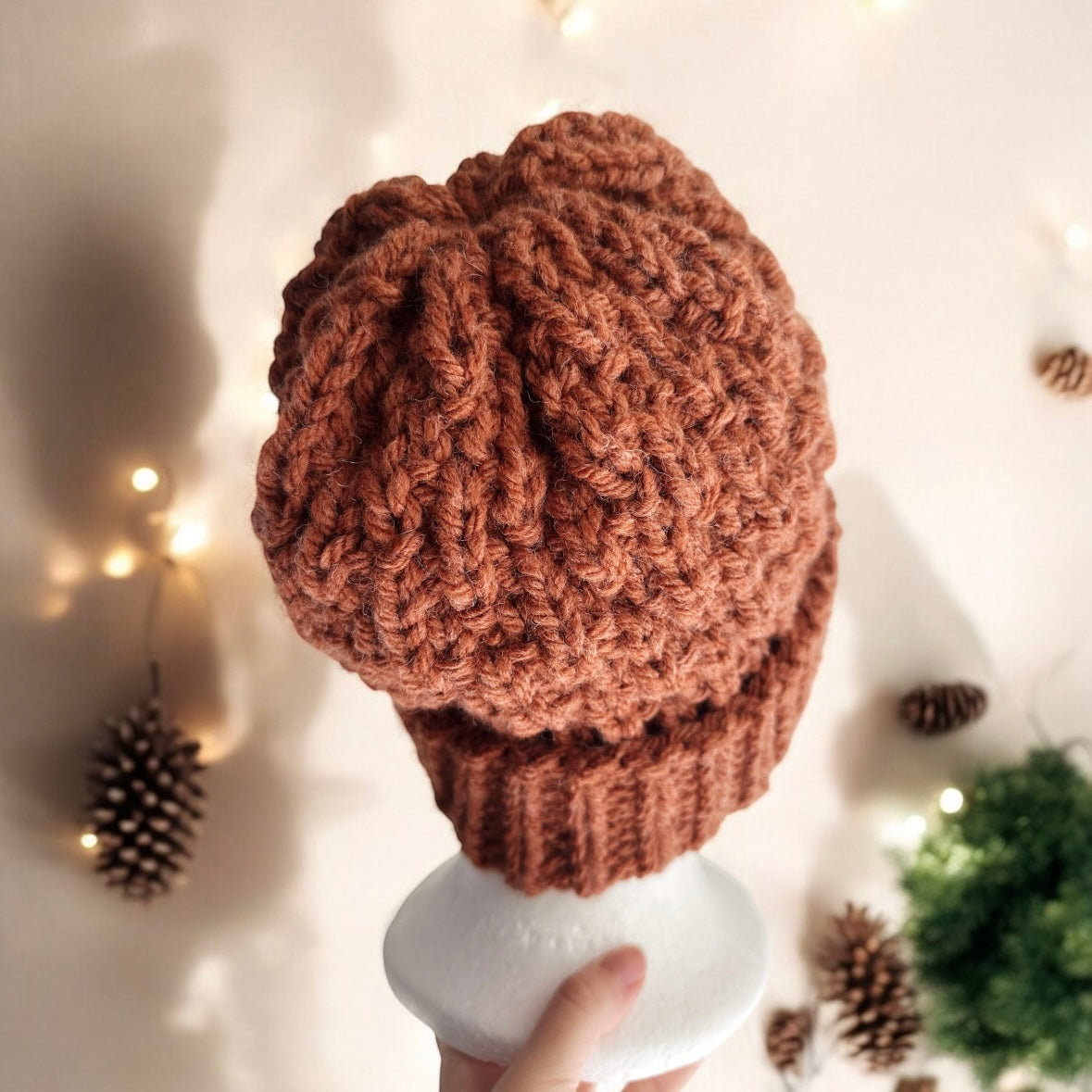 Handknit Chunky Patterned Beanie | Knit Beret | Foldable brim in saffron | Knit beanie in coffee | Fluffy and cozy winter hat