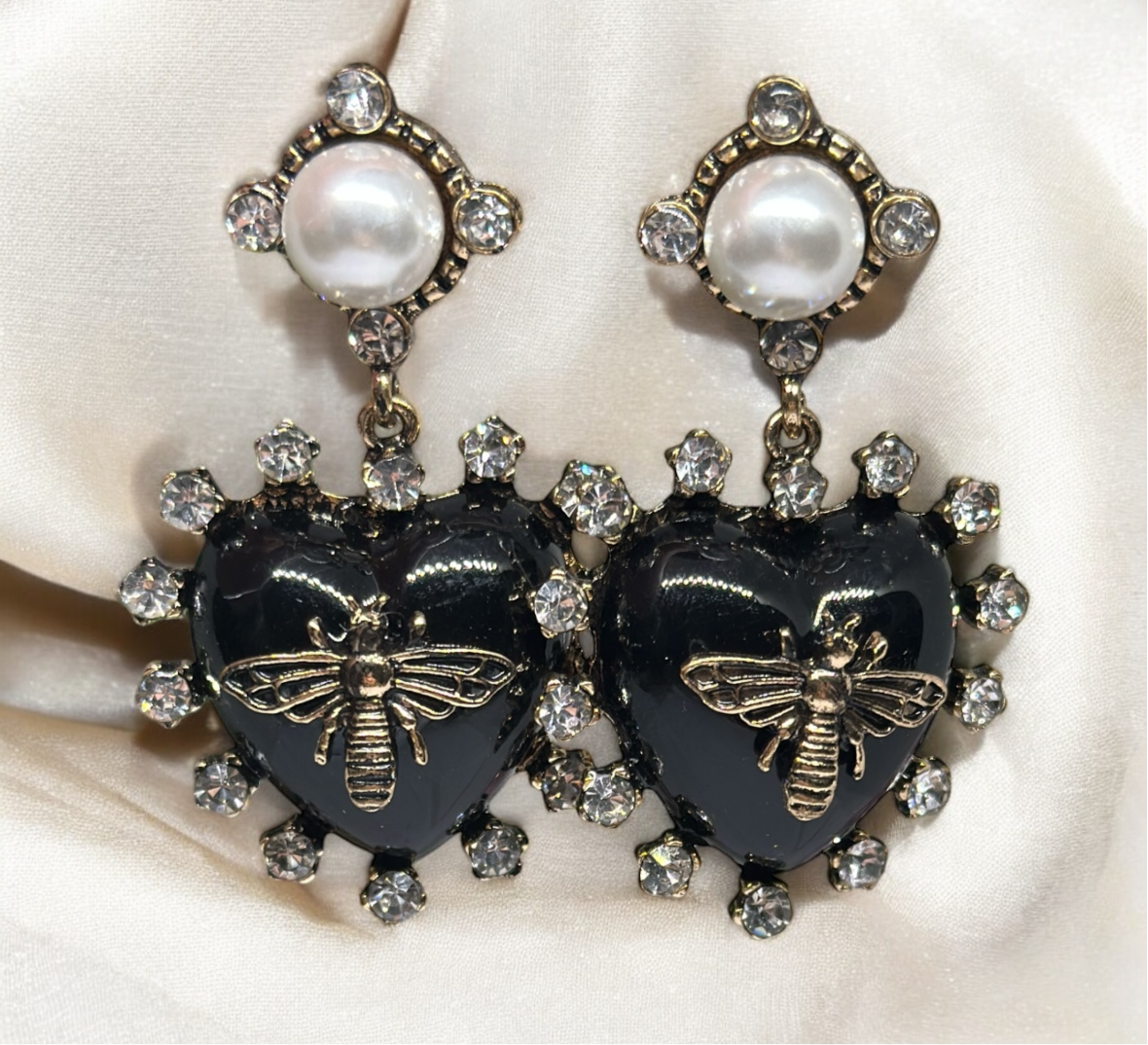 Gold bee heart statement earrings with pearl| vintage style pearl rhinestone earrings | rhinestone dangle oversize earrings I