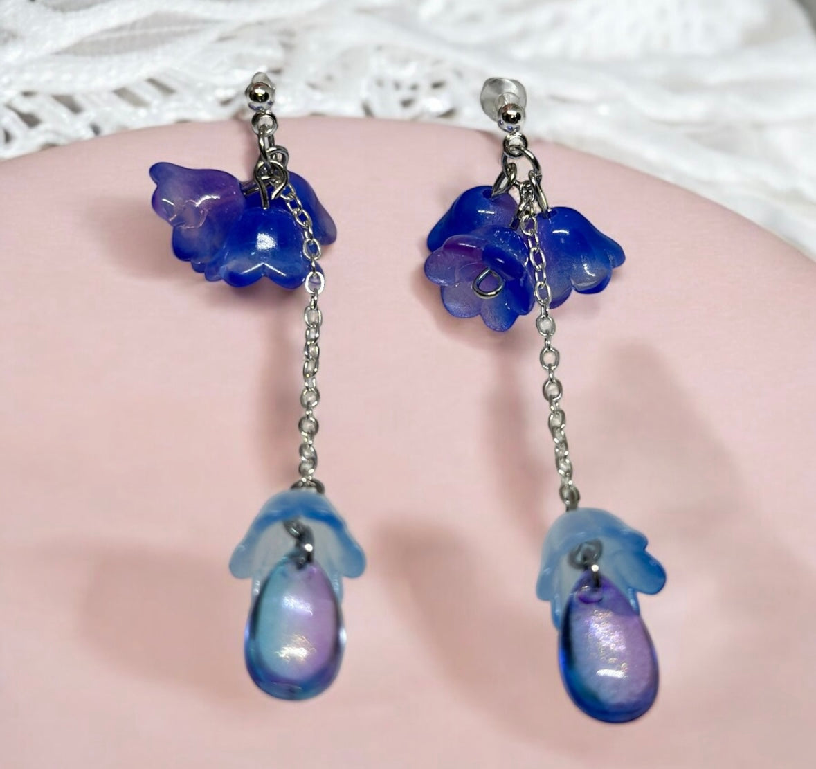 Blue purple flower earrings |mini flower earrings | elegant floral dangle chain earrings