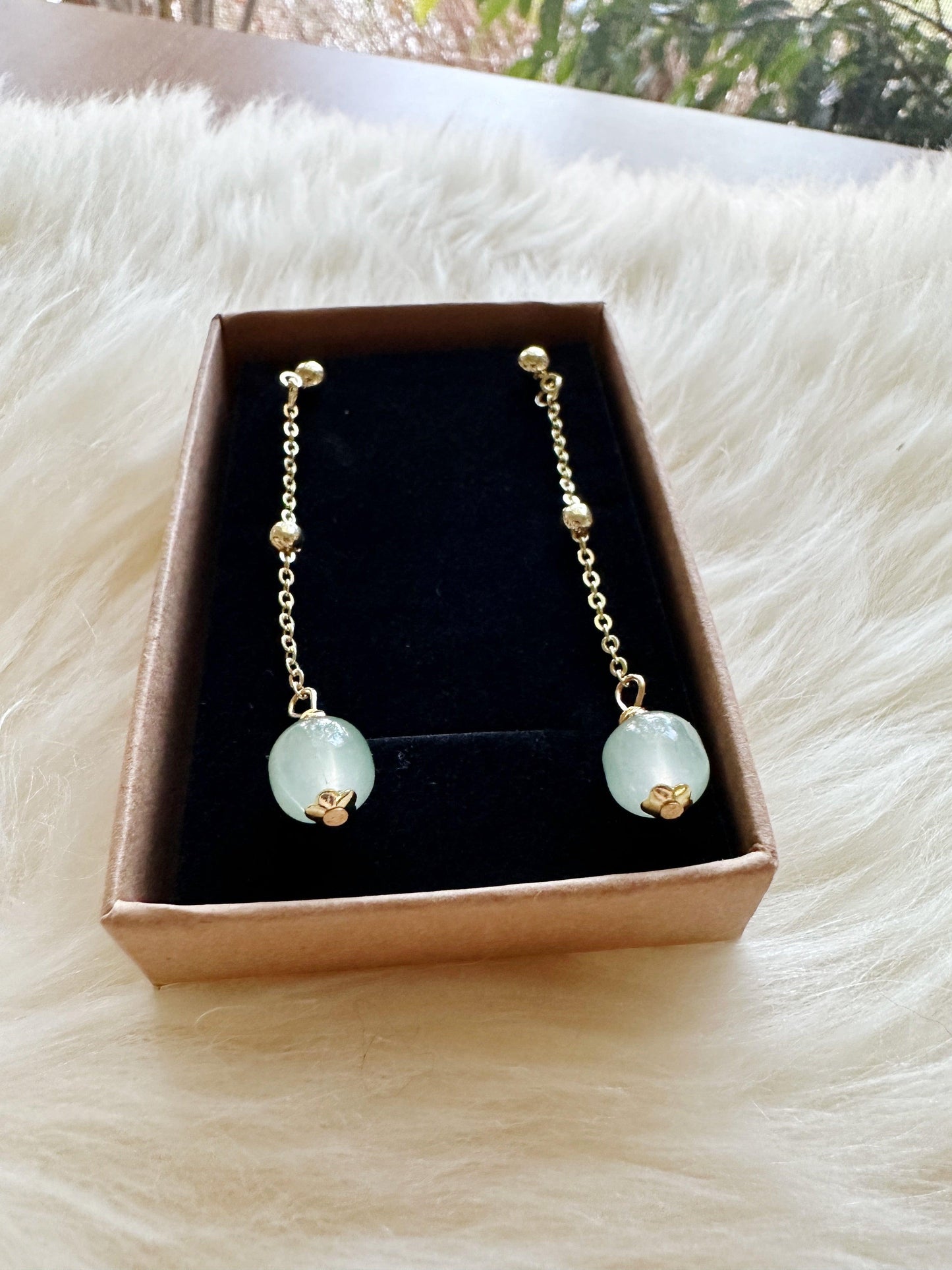 Gold statement earrings with pearl and stone |dangle pearl drop earrings | translucent green stone drop earrings | Korean dangly beads earrings