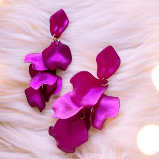 Fuchsia pink flower earrings | dangly earrings | frosted petals hoop oversize statement | golden geometric floral bridal party earrings