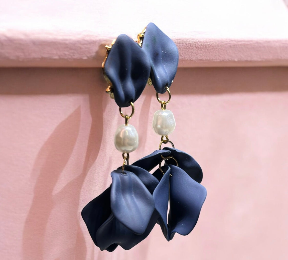 Navy blue flowers earrings | frosted iridescent petals earrings |pearly floral earrings | bridal party wedding earrings