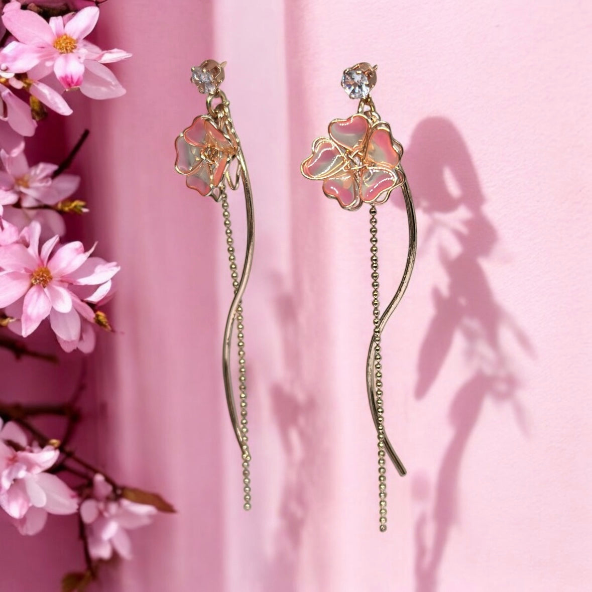 Sweet pink sakura earrings |Kawaii cute fun chain earrings | korean art colourful dangle earrings | buttefly flower crystal clear beads