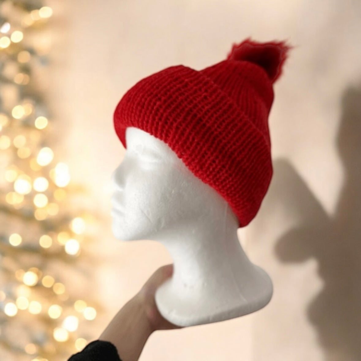 Handmade Double layered Knit beanie with faux fur pompom | Fur Pom Pom hat | Winter Knit Hat | Australian wool hot red hat