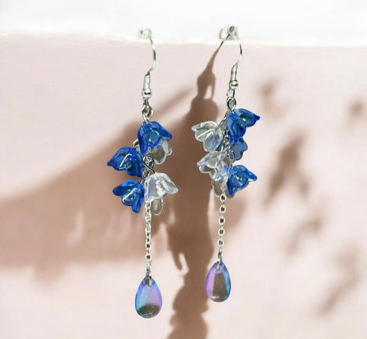 Blue and clear flower earrings | golden leaf mini flower earrings | elegant floral dangle chain earrings