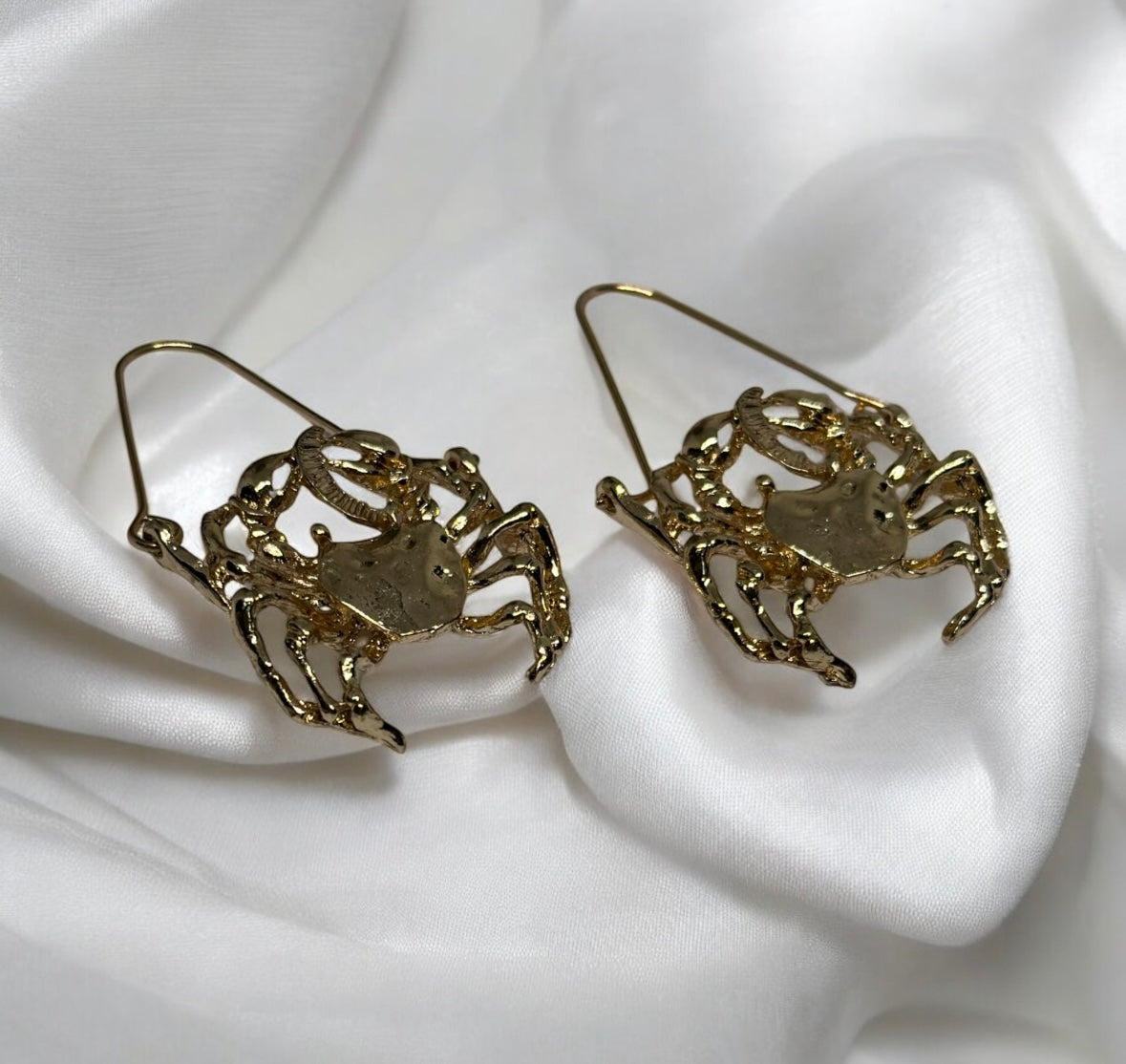 Golden crab earrings | cancer zodiac hoop earrings | dangle oversize earrings | glossy gold insect statement earrings