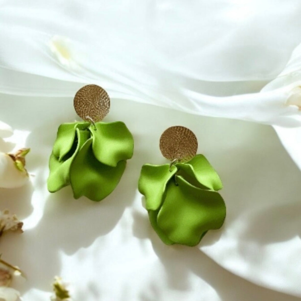 Light green flower earrings | dangle petals statement earrings | unique golden bar floral earrings | bridal party wedding earrings