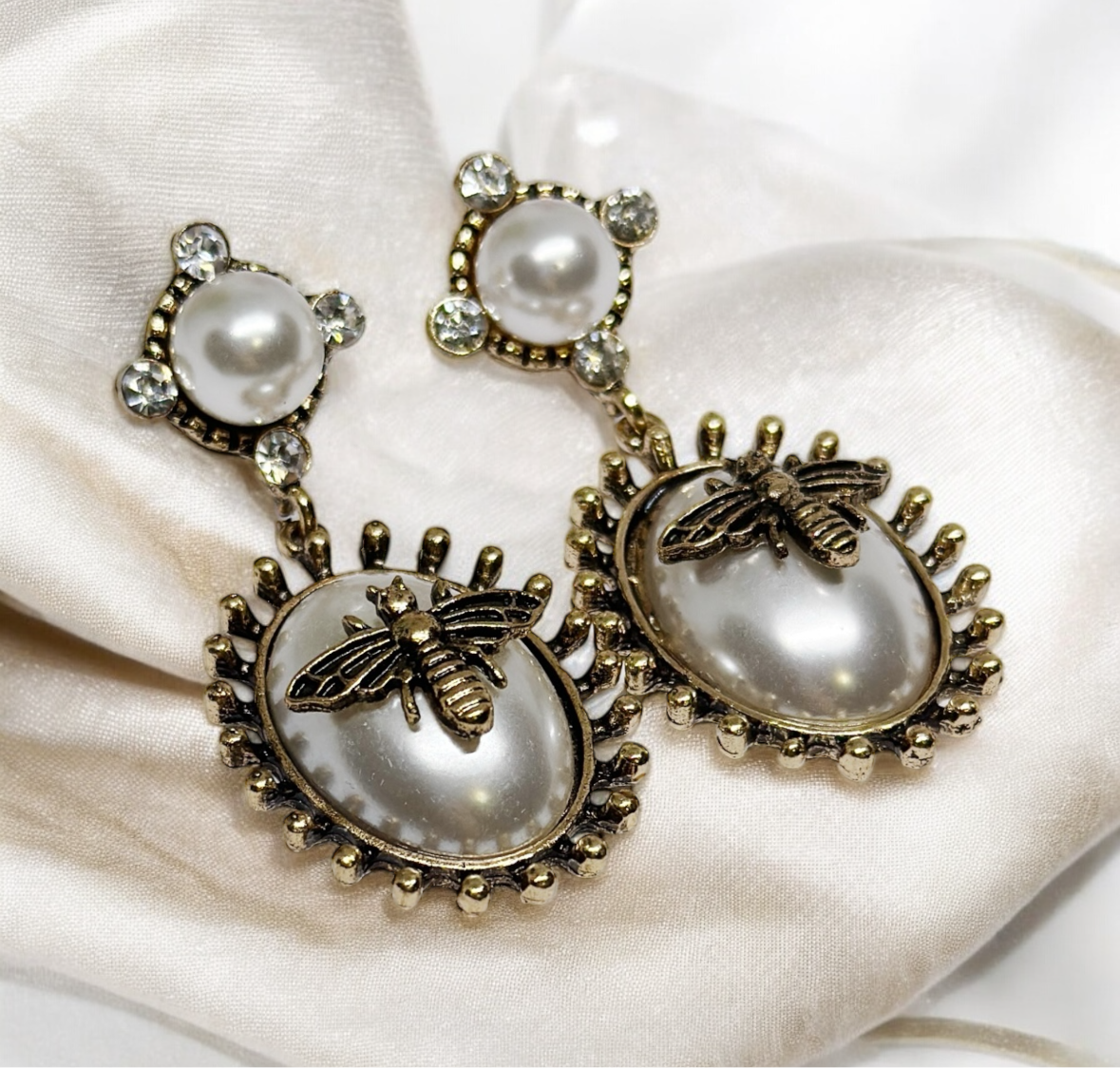 Gold bee black resin statement earrings with pearl| style pearl rhinestone earrings | rhinestone dangle oversize earrings