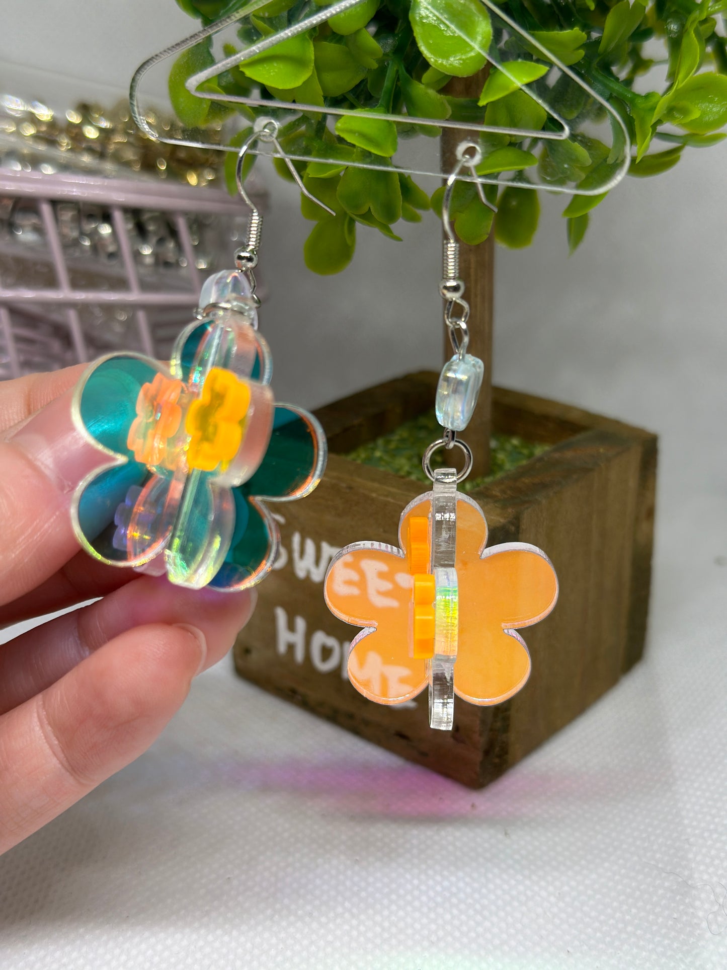 Dangle 3D flower earrings | fun floral earrings | colourful clear iridescent dangle oversize earrings | hologram fun earrings