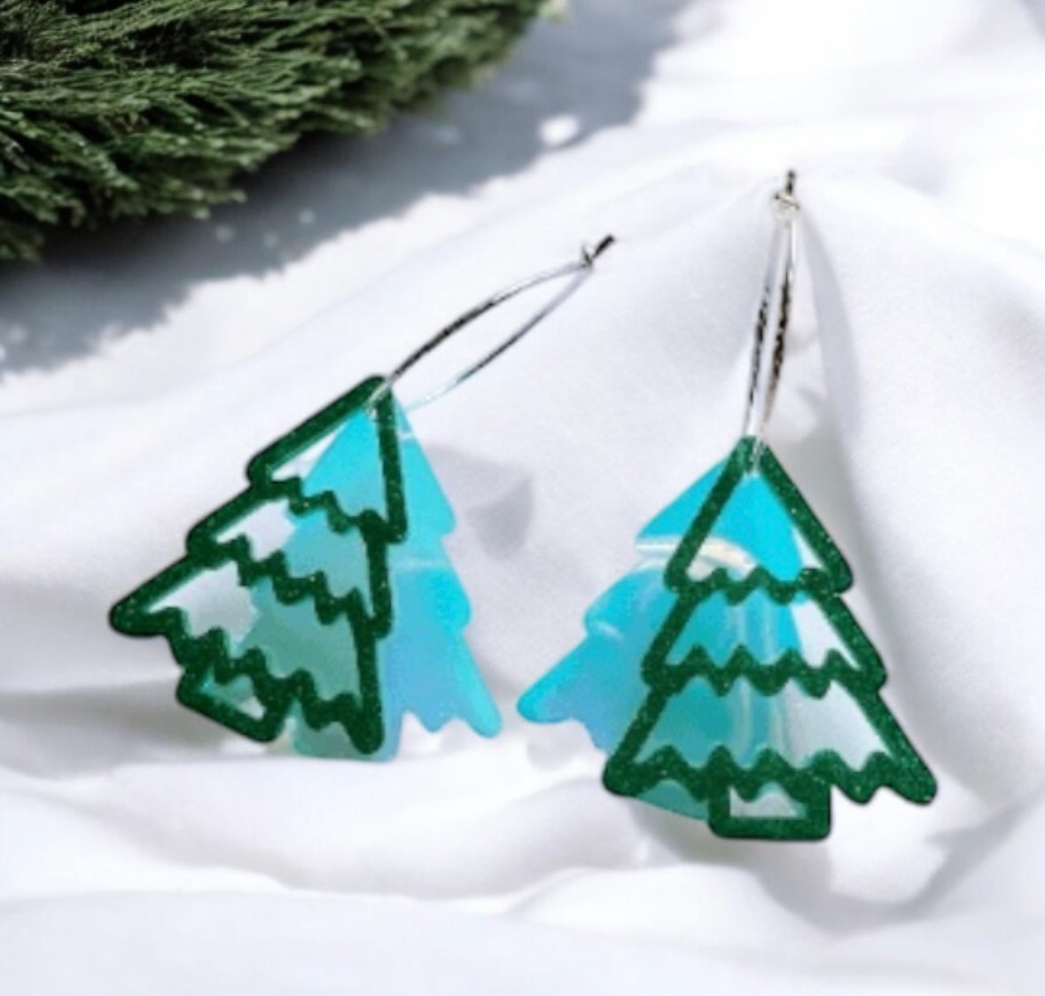 Iridescent Christmas tree earrings | light acetate laser cut | glitter green earrings | christmas party earrings