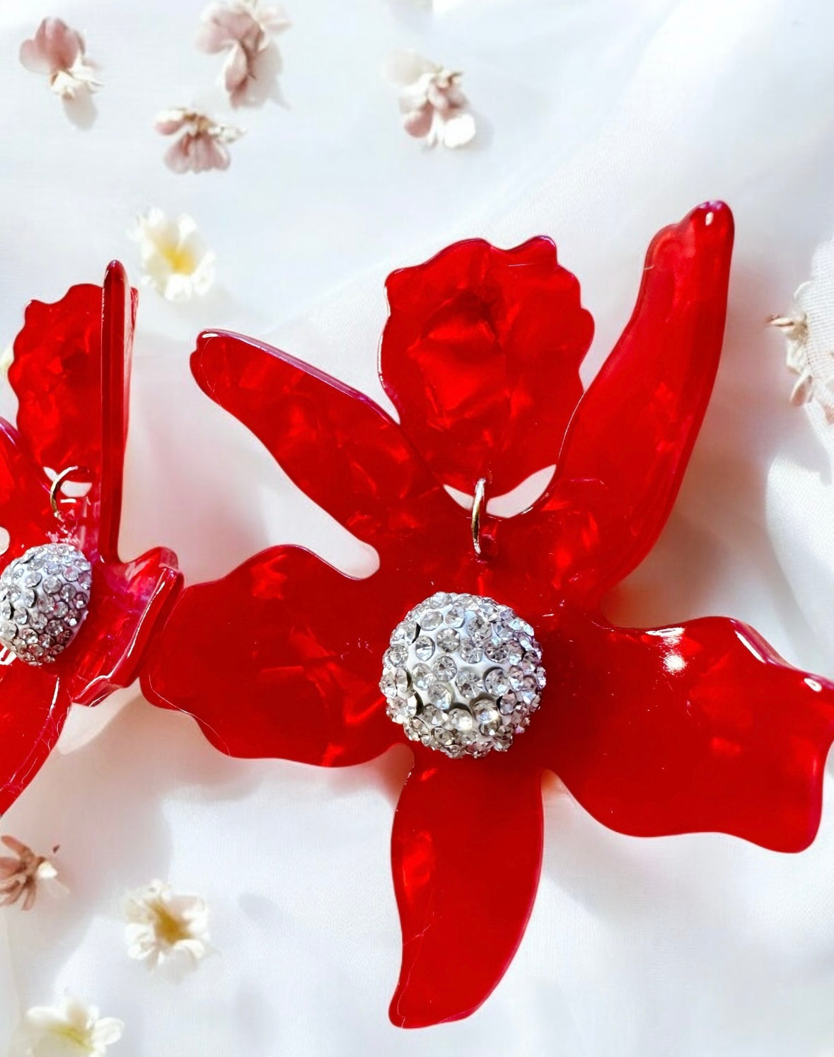 Red Acetate crystal flowers earrings | diamante rhinestones flower earrings | oversize spring blossom | floral statement earrings