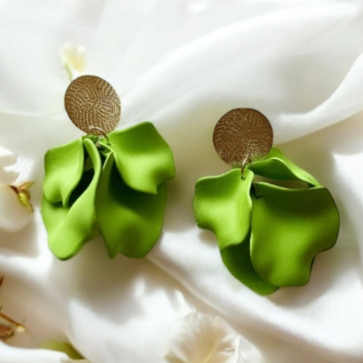 Light green flower earrings | dangle petals statement earrings | unique golden bar floral earrings | bridal party wedding earrings