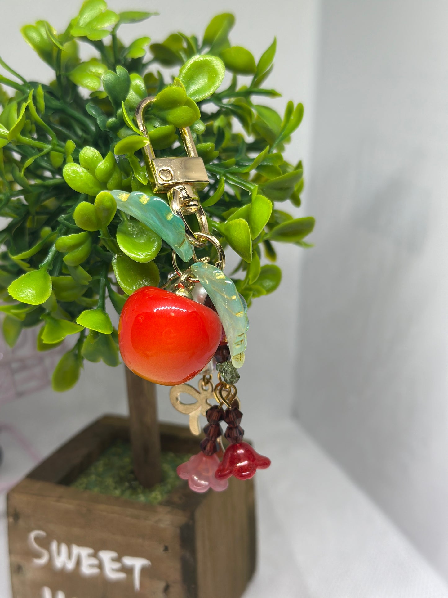 Cherry bag charm | key chain | golden chain with flowers and leaf