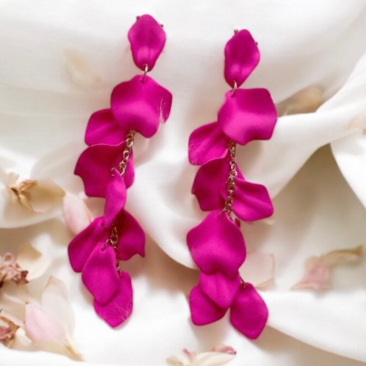 Bright Pink flower earrings | dangle petals baroque earrings | unique gold floral earrings | bridal party wedding earrings