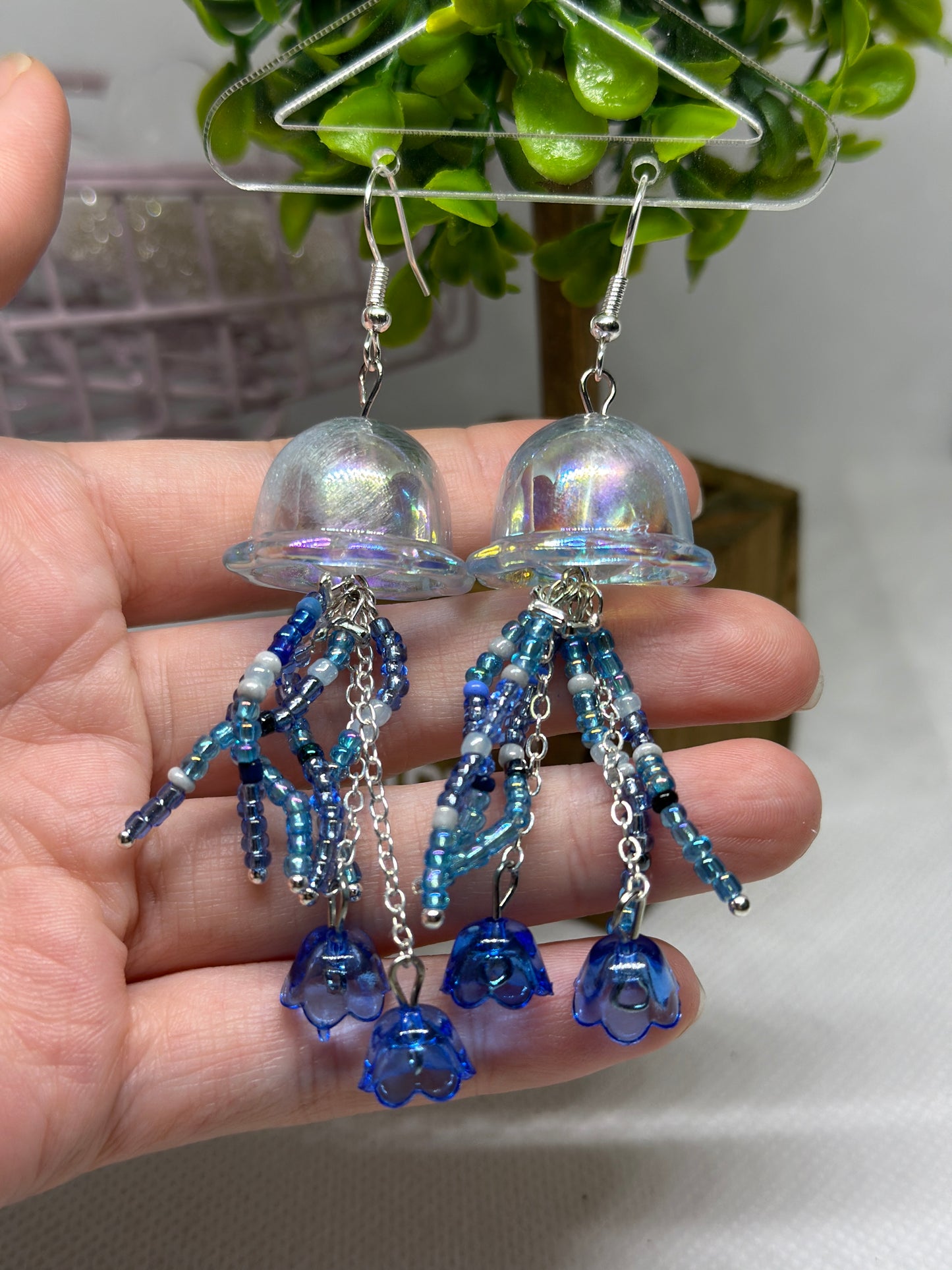 Beaded tentacles Jellyfish earrings | sea creature earrings | colourful clear iridescent dangle earrings | halgoram fun y2k earrings