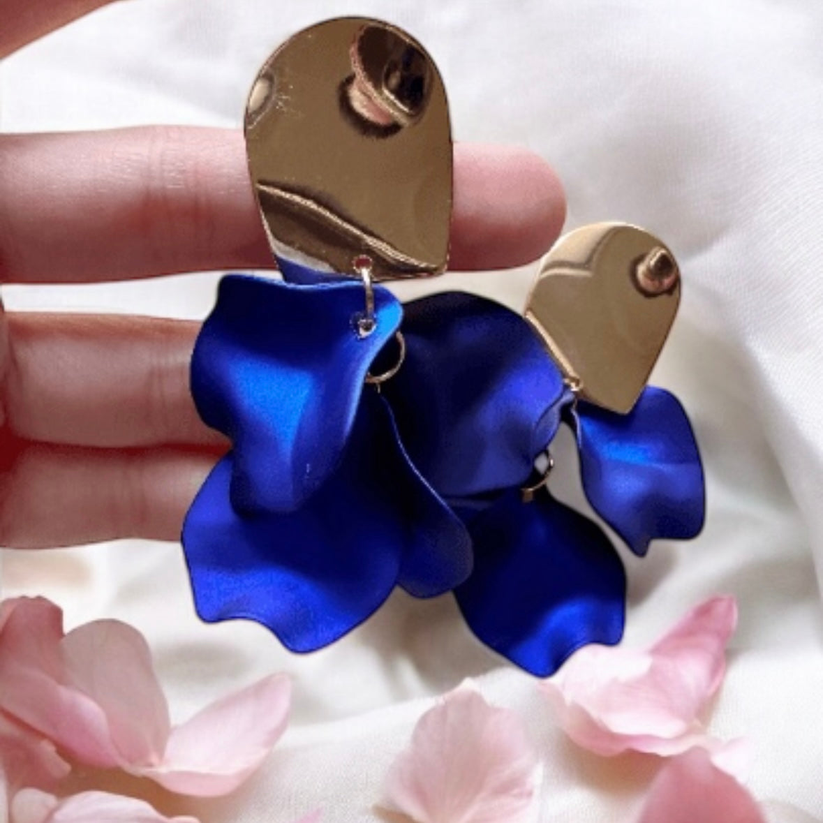 Royal blue flower earrings | iridescent petals dangle earrings | unique golden spiral floral earrings | bridal party wedding earrings Inactive