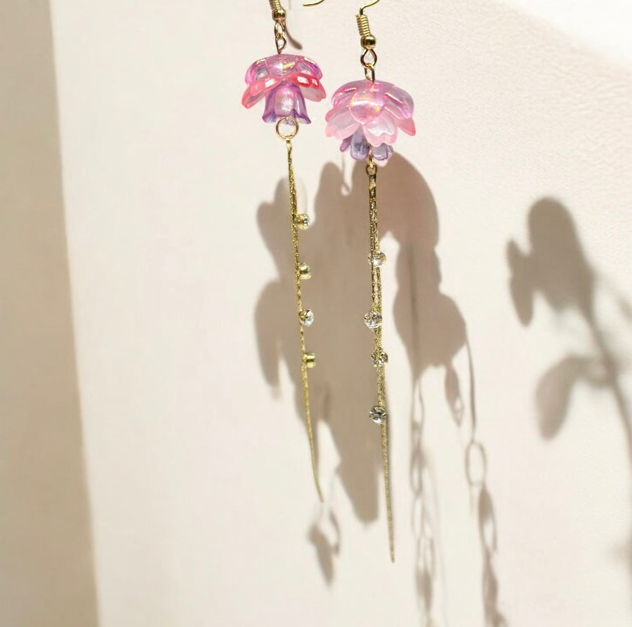 Sakura earrings | golden leaf mini flower earrings | elegant floral dangle chain earrings