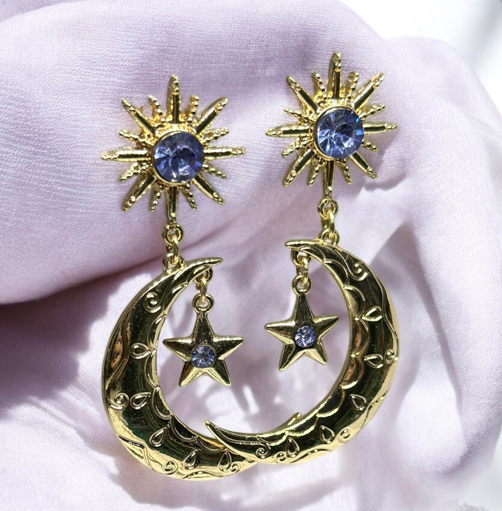 Star and moon glitter shinny stones celestial earrings | planet party earrings