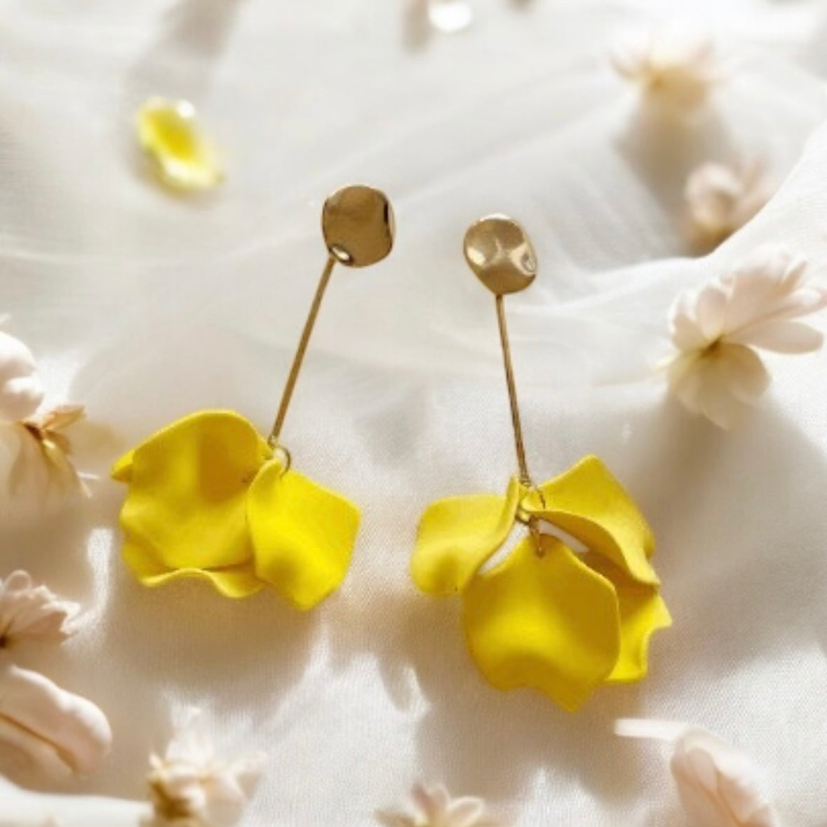 Bright yellow flower earrings |dangle petals baroque earrings | gold bar unique floral earrings | bridal party wedding earrings