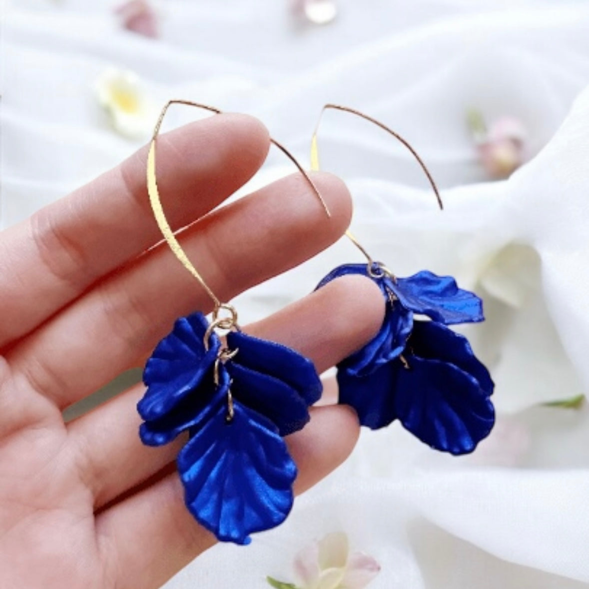 Royal blue iridescent flower earrings | gold shinny shell petals dangle earrings |unique floral earrings | bridal party wedding earrings