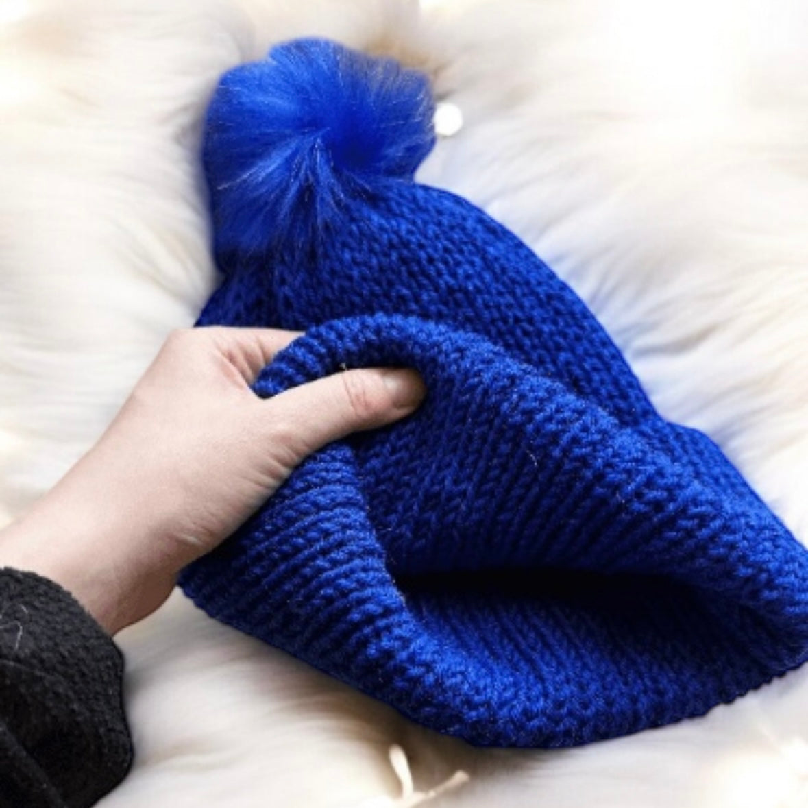 Handmade Double layered Knit beanie with faux fur pompom | Fur Pom Pom hat | Winter Knit Hat | Australian wool royal blue hat