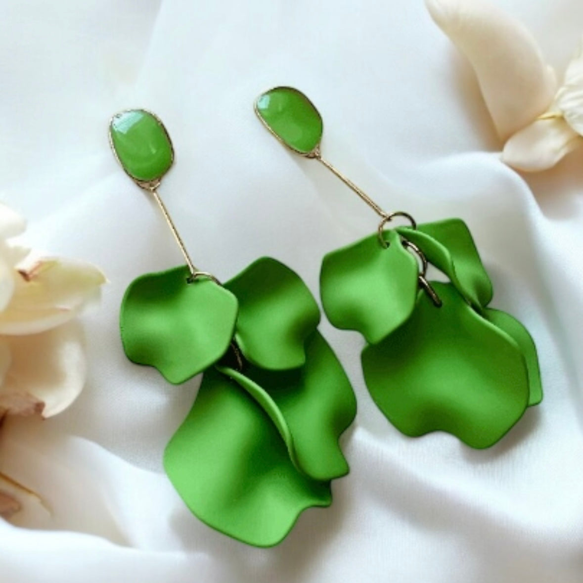 Shamrock light green flower earrings |dangly earrings | frosted petals hoop statement earrings | unique gold geometric floral earrings