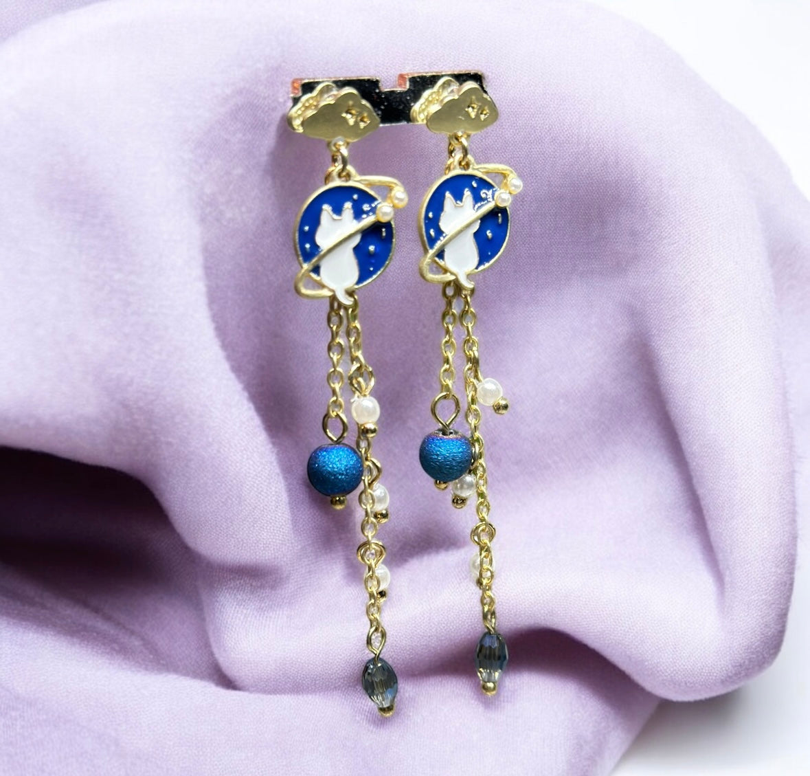 Celestial statement earrings | Blue cat planets earrings