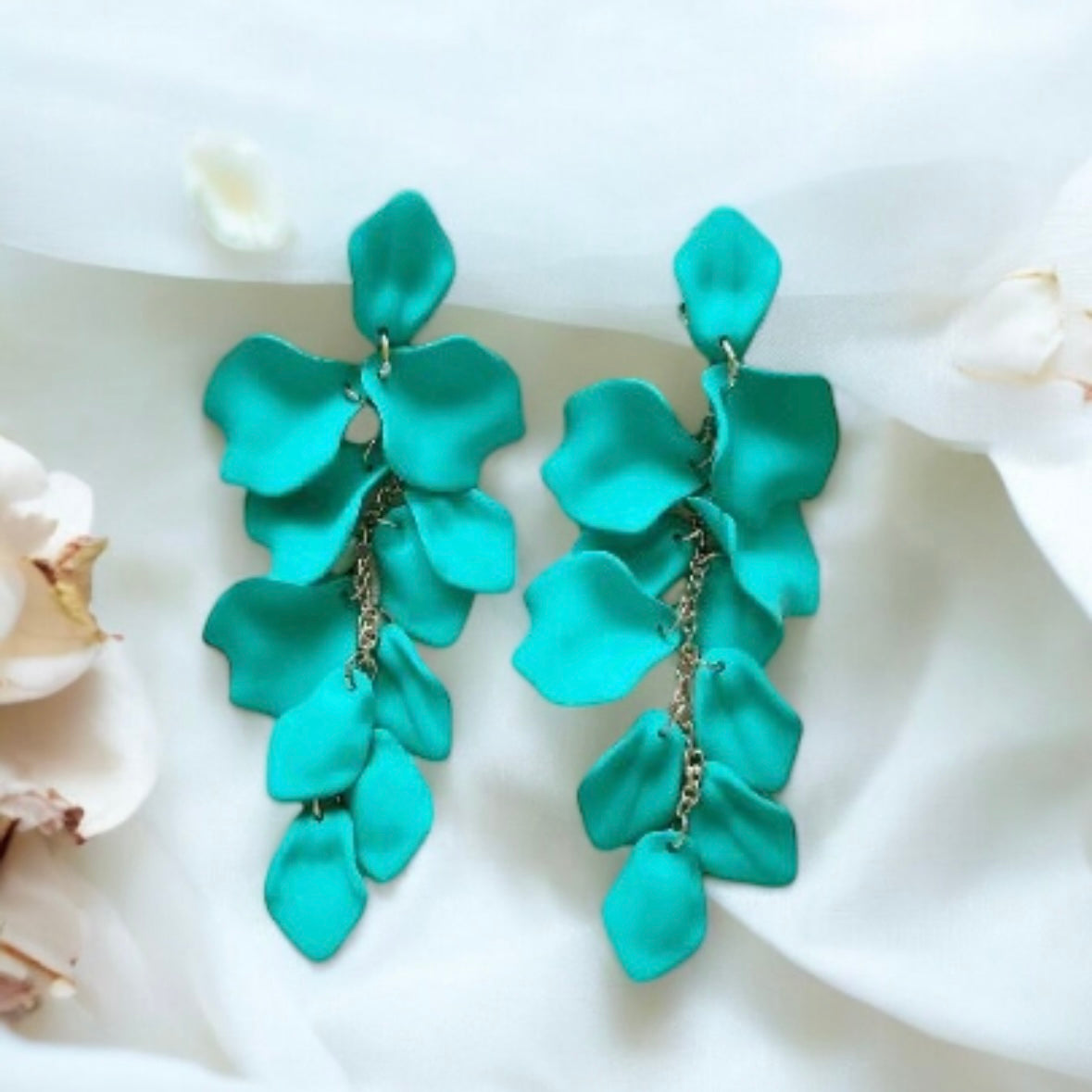 Bright green flower earrings | dangle petals baroque earrings | unique gold geometric floral earrings | bridal party wedding earrings