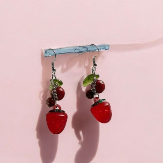 3D red cherry or lemon dangle earrings | fruits dangle earrings | minimalist statement | cute y2k kawaii earrings | burgundy red cherry petals