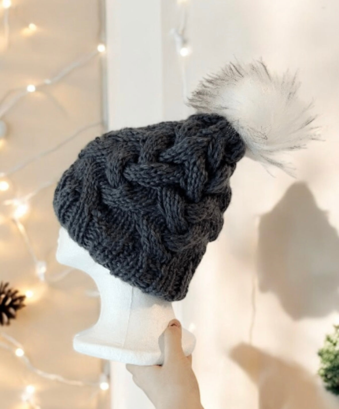 Handknit Cable Beanie | Knit Beret | Slouchy Hat in dark grey | Knit beanie in charcoal | Fluffy cozy fur pom pom winter hat