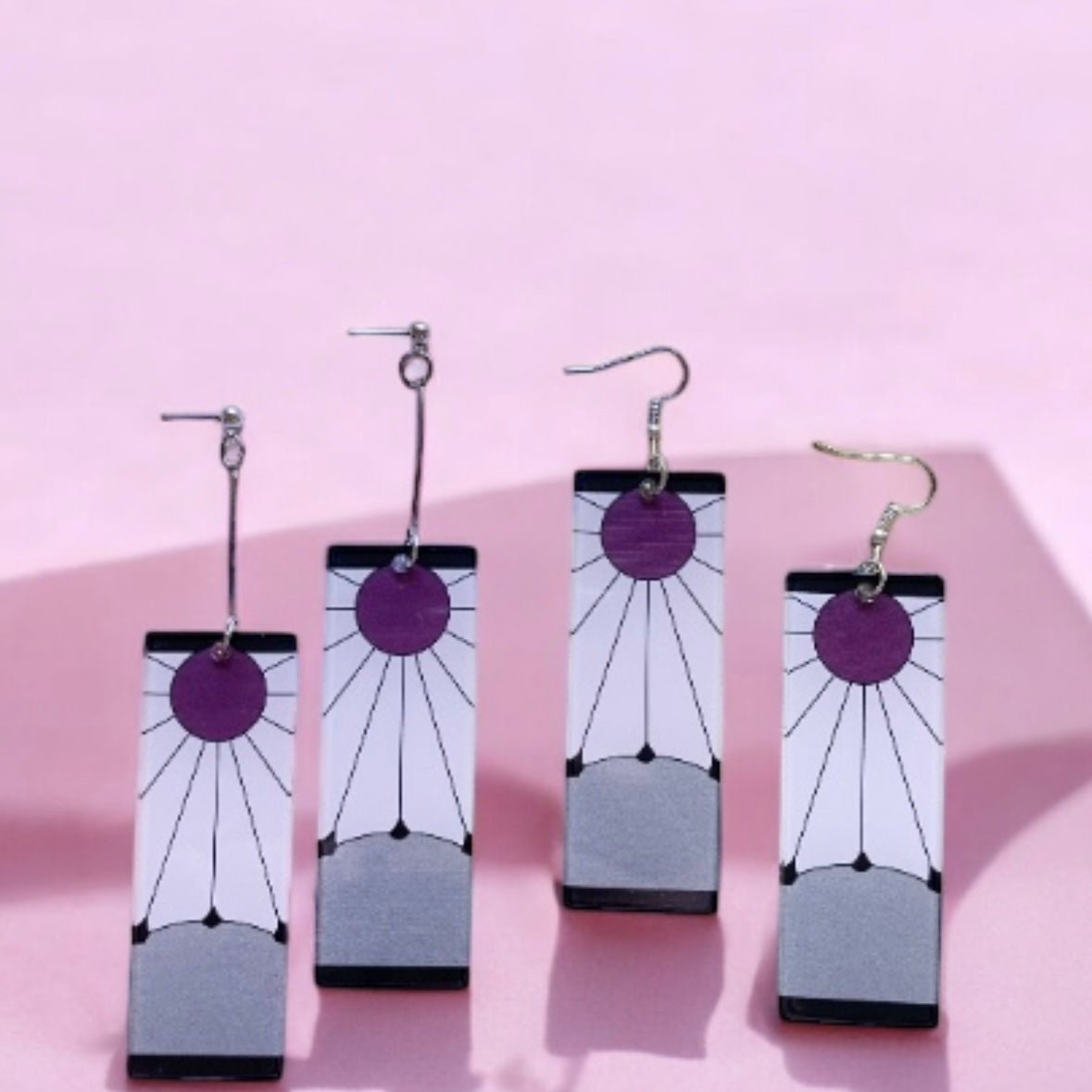 Silver rectangle shaped earrings with sun ray| japanese anime dangle earrings | oriental decor drop earrings| cute kawaii | demon slayer