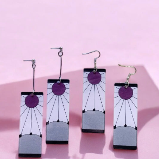 Silver rectangle shaped earrings with sun ray| japanese anime dangle earrings | oriental decor drop earrings| cute kawaii | demon slayer